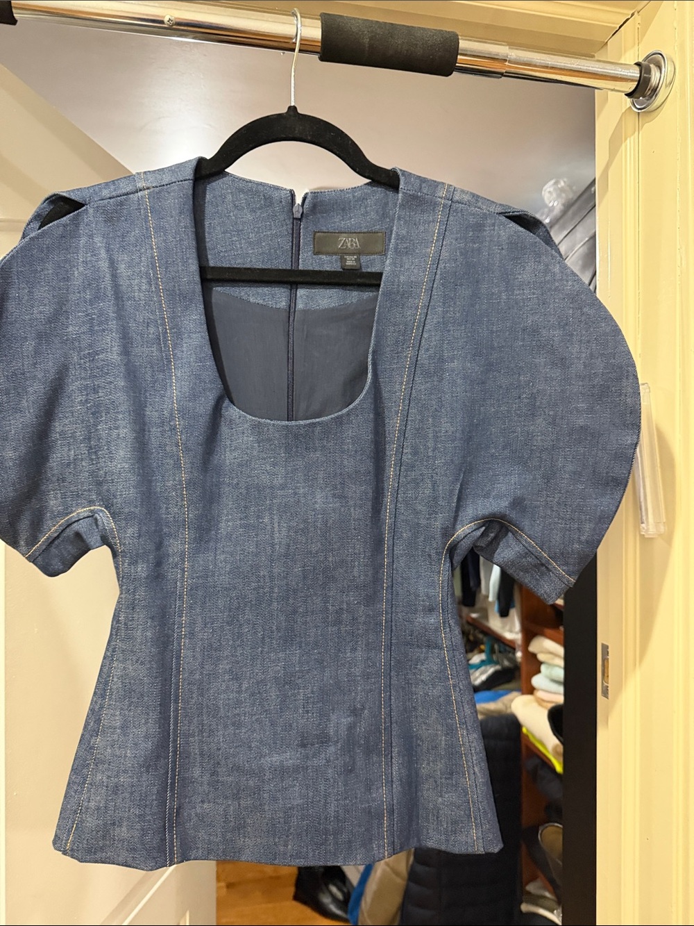 Zara Denim Puff-Sleeve Square Neck Top - Blue